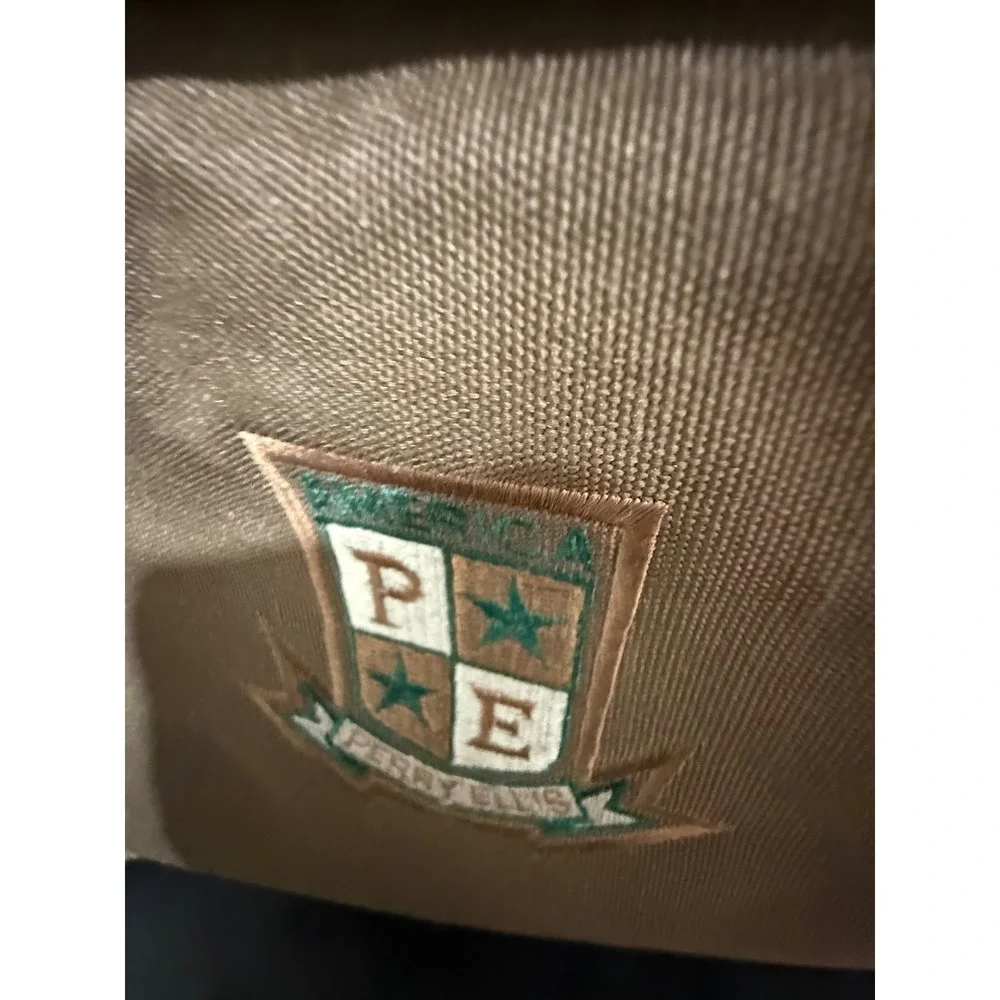 Perry Ellis America Vintage Duffle Bag Tan Green Canvas Travel Weekender Crest